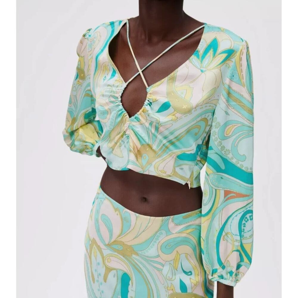 Zara Holly Crop Top Sea Green Paisley Cross Strap 70s Retro Sz XS Blogger Fav‎